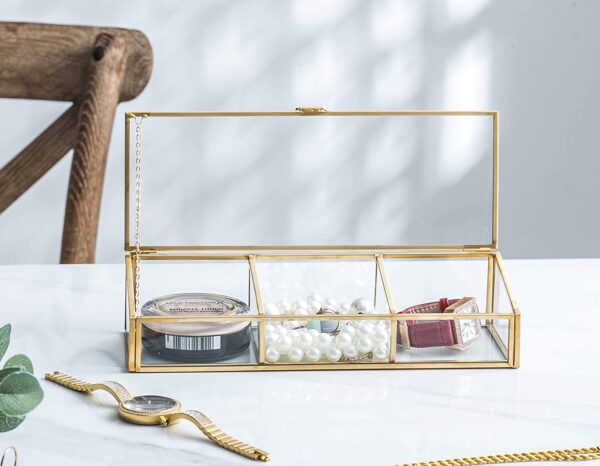 Glass Brass Box with 3 Compartments 7x3.25x3" - Image 3