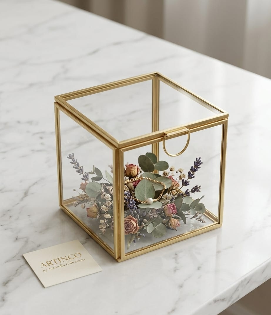 Square Glass Brass Box 4x4"