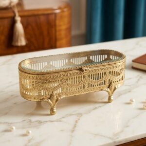 Beveld Glass Brass Jewelry Box 9x3x3.5"